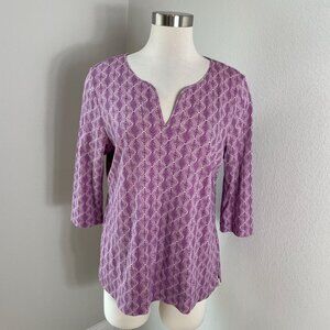 LL Bean Womens Large Petite 100% Supima Purple Diamond 3/4 Sleeve Tunic Top